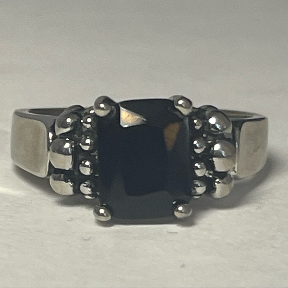 Black rectangular cut stone and silver tone ring Size 8
